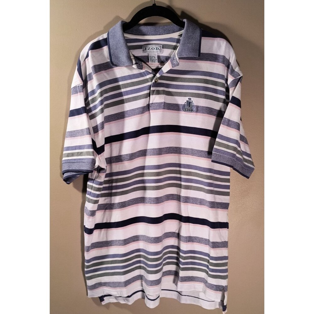 Vintage Medium Izod Striped Polo Shirt 100% Cotton Short Sleeve White/Blue/Pink
